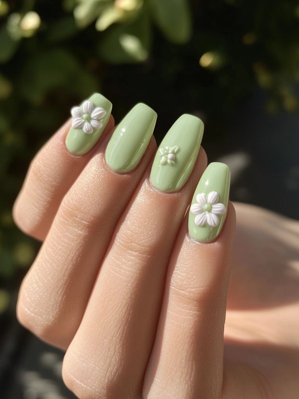 green nail art with flower